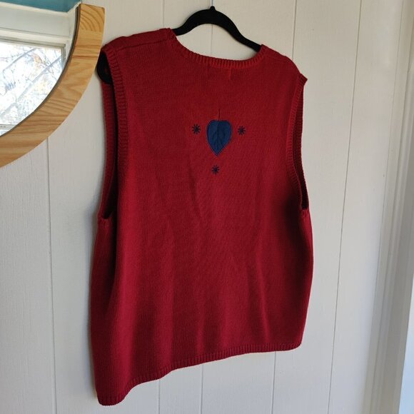 Vest, Red knit w/falling leaves and snow in blue embroidery. Christopher Banks - Picture 8 of 9